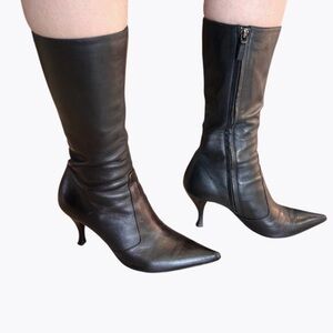 Sergio Rossi Black Leather Y2K Style Mid Calf Boots